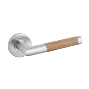 JUEGO 2 MANILLAS DE ACERO INOX SATINADO Y MADERA ROSETA REDONDA - MOD L-MADERA